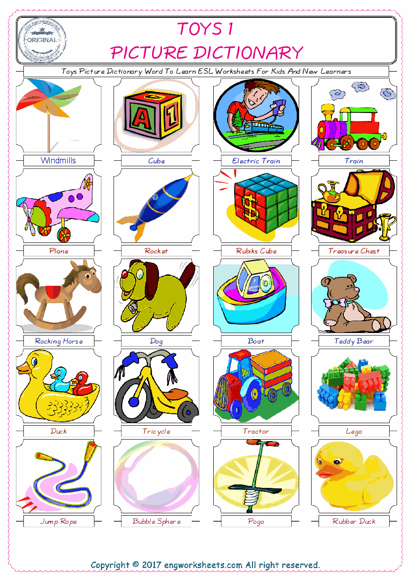  Toys English Worksheet for Kids ESL Printable Picture Dictionary 